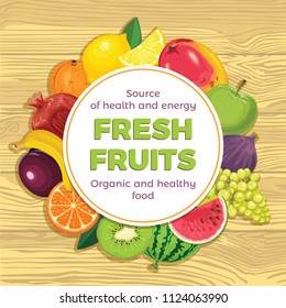 Round banner with vector fruits. Concept healthy food set in flat style. Grape, Orange, Kiwi, Banana, Mango, Fig, Watermelon, Lemon, Apple, Pomegranate, Plum, Apricot.