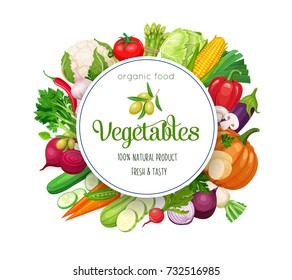 Round banner with vector vegetables. Concept healthy food. Cabbage, pepper, beets, or carrots. Onion, zucchini, eggplant and asparagus. Corn, celery, mushrooms or daikon et al.