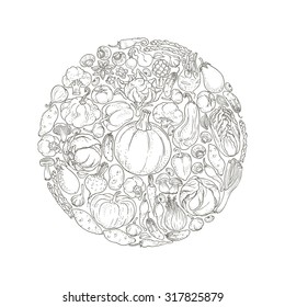 Round banner of vegetables and spices, hand-drawn illustration in vintage style.