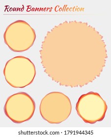 Banderas redondas puestas. Antecedentes circulares de colores rojos amarillos anaranjados. Ilustración vectorial artística.