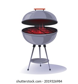 Round barbecue, BBQ charcoal grill with burning flame, cartoon style vector illustration on white background. Realistic  BBQ charcoal grill with fire and hot coals. Vector cartoon illustration