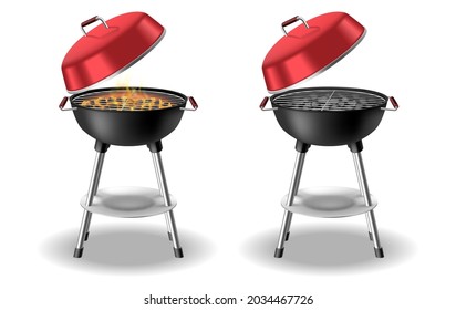 Round Barbecue, BBQ Charcoal Grill Empty And With Burning Flame, Fire And Hot Coals. Modern Metal Barbeque Grid For Cooking. Realistic Vector Illustration