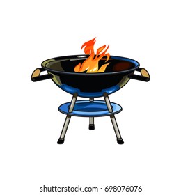 Round barbecue, BBQ charcoal grill with burning flame, sketch style vector illustration on white background. Realistic hand drawing of burning BBQ charcoal grill with fire inside