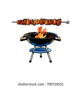 Round barbecue, BBQ charcoal grill with burning flame, sketch style vector illustration on white background. Realistic hand drawing of burning BBQ charcoal grill with fire inside