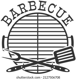 round barbecue BBQ sticker with grill grate, fork and spatula, vector illustration