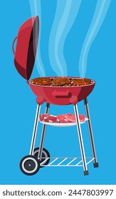 Round barbecue grill. Bbq icon. Electric grill. Device for frying food. Fresh meat and steak. Vector illustration in flat style