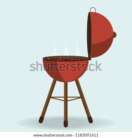 Round barbecue grill isolated on white, Picnic camping cooking, BBQ party in flat style vector illustration.