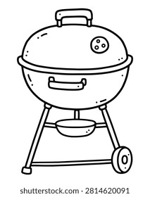 Round barbecue grill with a lid, handles, wheels and ash catcher, drawn in bold black hand-drawn outline and isolated on a white background.