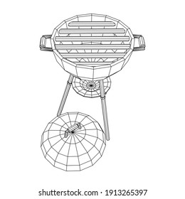 Round barbecue grill. Outdoor bbq party. Wireframe low poly mesh vector illustration