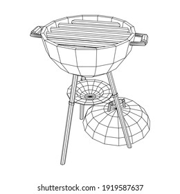 Round barbecue grill. Outdoor bbq party. Wireframe low poly mesh vector illustration