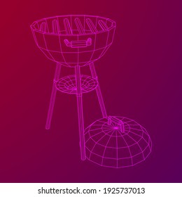 Round barbecue grill. Outdoor bbq party. Wireframe low poly mesh vector illustration