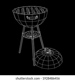 Round barbecue grill. Outdoor bbq party. Wireframe low poly mesh vector illustration