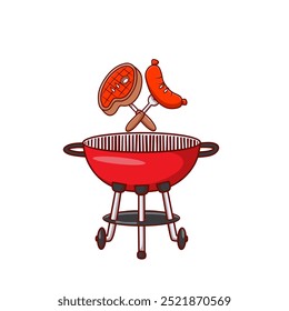 Round barbecue grill with steak. Bbq icon. Electric grill. Device for frying food. Vector illustration in flat style