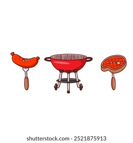 Round barbecue grill with steak. Bbq icon. Electric grill. Device for frying food. Vector illustration in flat style