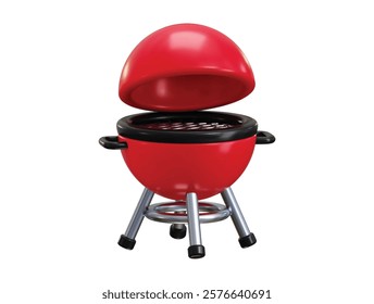 round barbeque grill icon 3d render concept of Kitchen device for frying meat, fish and vegetables. Red portable grill for picnics