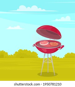 Round Barbeque On Stand With Red Bottom And Lid. Meat Is Fried On Hot Coals On Wire Rack Outdoors