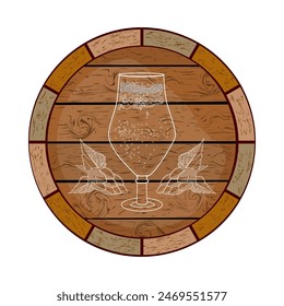 Round barrel cap with beer glass and hop sign isolated on white background. Brewing or brewery label. Bottle cap or label with cask, beaker and hop emblem for beer. Stock vector illustration