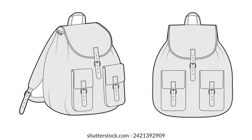 Bolsa de silueta de la mochila de la cesta redonda. Ilustración técnica de accesorios de moda. Vista frontal de bolso de escuela vectorial 3-4 para hombres, mujeres, estilo unisex, bolso plano de simulación CAD esquema aislado