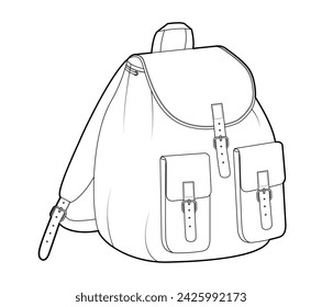 Round basket backpack silhouette bag. Fashion accessory technical illustration. Vector schoolbag 3-4 view for Men, women, unisex style, flat handbag CAD mockup sketch outline isolated