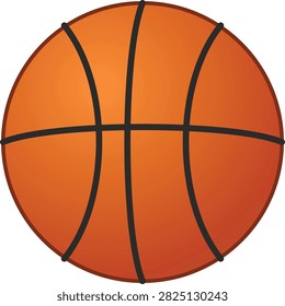 Round basketball icon featuring standard grip texture and seam patterns. Vibrant orange gradient with thick black outlines. Sports equipment graphic for school gym and tournament promotion.
