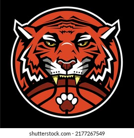 round basketball team design with tiger mascot for school, college or league