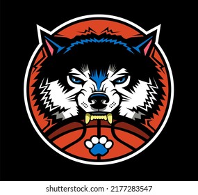 round basketball team design with wolf mascot for school, college or league