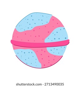 Bomba de baño redonda con vibrantes colores rosa y azul con textura moteada y una banda de color rosa oscuro, ilustrando conceptos de relajación, belleza y cuidado personal