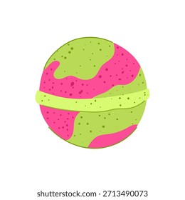 Bomba de baño redonda con un vibrante diseño rosa y verde lima con una superficie texturizada, que ilustra los temas de cuidado personal, tratamientos de spa y relajación