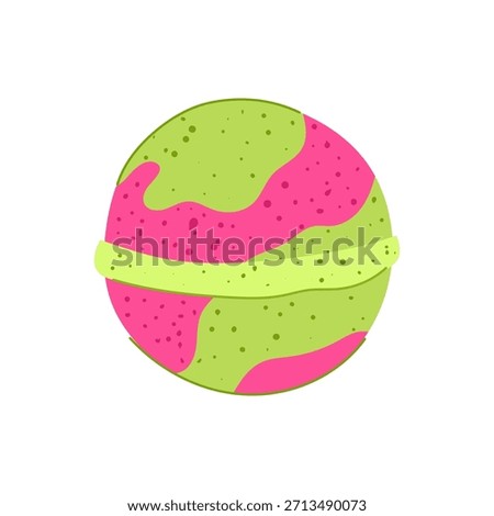 Round bath bomb featuring a vibrant pink and lime green design with a textured surface, illustrating the themes of self care, spa treatments, and unwinding