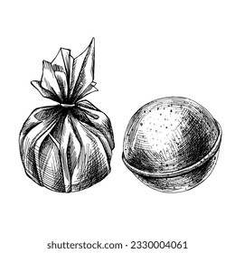 Bombas redondas de baño envueltas en un paquete. Ilustración gráfica vectorial en blanco y negro dibujada a mano por EPS. Objetos aislados sobre un fondo blanco