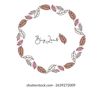 Round Bay leaf Frame, Wreath. Doodle Bay leaf vector illustration with inscription. Seasoning for food, drinks. Organic product sketch for packaging, sale, shop sign. Flavor cooking ingredient.