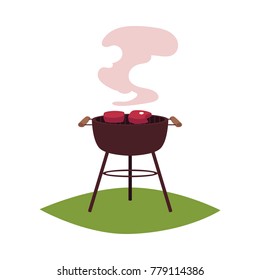 Round BBQ, barbecue, charcoal grill with two meat steaks, cartoon vector illustration isolated on white background. Cartoon picture of two meat steaks frying on charcoal barbecue grill