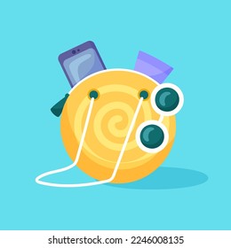 Round beach bag with sunglasses, sunscreen cream and smartphone vector illustration. Items for beach or summer vacation at sea or ocean isolated on blue background. Accessories, holiday concept