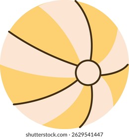 A round beach ball with alternating striped patterns in a clean, minimalist style. The ball features bold outlines and a simple geometric design. Cartoon vector illustration.
