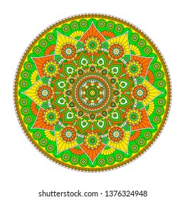 Round beach mat with a bright mandala with a flower pattern. Vector design.