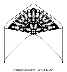 Round beaded mandala inside paper envelope. Native American jewelry art of Zuni Pueblo Indians. Black and white silhouette. Creative concept.