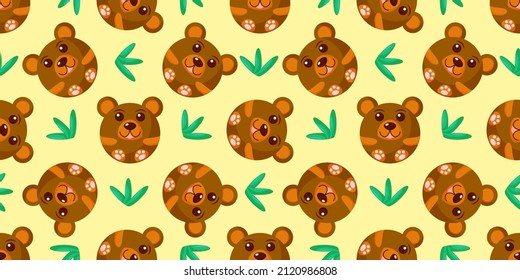 Round bear Seamless pattern. Vector Background with the faces of bear. Template for the packaging, baby textile. Vector illustration