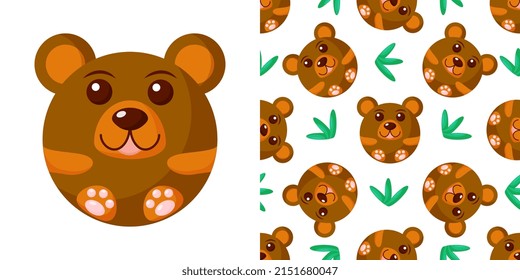Round bear Seamless pattern. Vector Background with the faces of bear. Template for the packaging, baby textile.