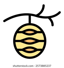 Round beehive hanging on a tree branch icon in filled line style, suitable for any purpose related to nature, animals, etc