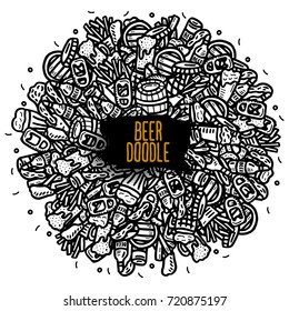 round beer doodle poster. vector label from beer glasses and snacks.
