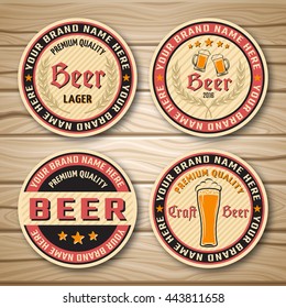Round beer label or emblem set with descriptions of premium beer and place to locate brand vector illustration