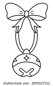 Round bell. Sketch. Jingle bell. The bell hangs on a ribbon and is decorated with a bow. A musical instrument that makes a ringing sound. Vector illustration. Jingling bells. Coloring book.