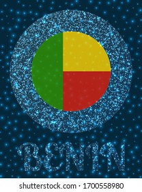 Round Benin badge. Flag of Benin in glowing network mesh style. Country network logo. Superb vector illustration.