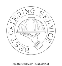 Round Best Catering Service Hand Drawn Black And White Sign With Waiters Hand Design Template With Calligraphic Text