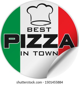 round best pizza in town sticker or badge with italian flag and toque, one side curled up vector illustraion