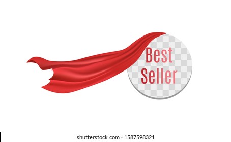 Round Best seller sticker with red silk curtain flowing off - transparent frame template for bestselling item reveal with dramatic scarlet fabric. Isolated vector illustration