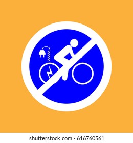Round bicycle icon do not charge the bicycle, with electrical plug for charging ,white thin line on blue background - vector illustration