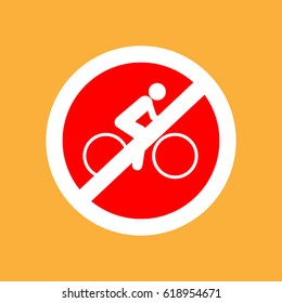 Round bicycle icon, do not ride (use) the bicycle  ,white thin line on red background - vector illustration