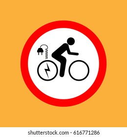 Round bicycle icon with electrical plug for charging ,red thin line on white background - vector illustration