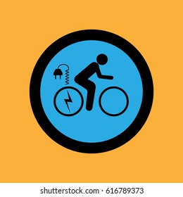 Round bicycle icon with electrical plug for charging ,black thin line on blue background - vector illustration